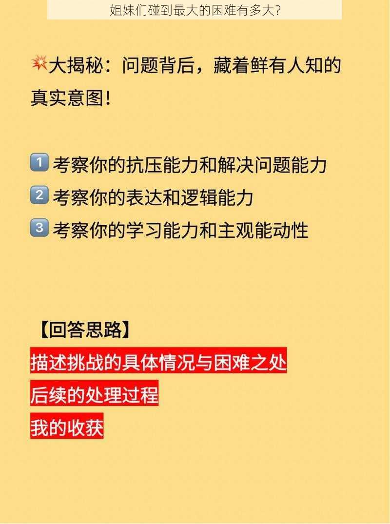 姐妹们碰到最大的困难有多大？