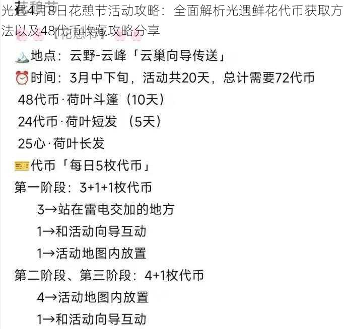 光遇4月8日花憩节活动攻略：全面解析光遇鲜花代币获取方法以及48代币收藏攻略分享